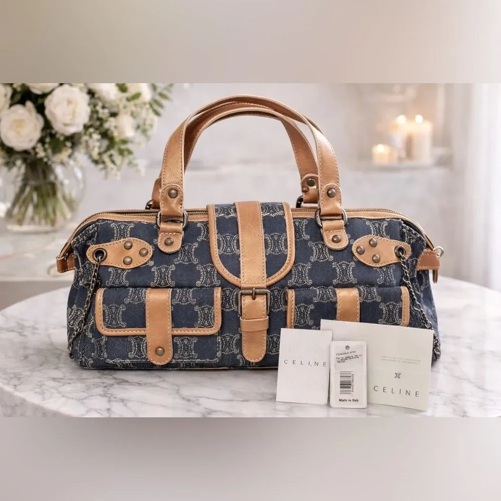 Celine Macadam Denim Bag with Leather Trim & Chain – Authentic